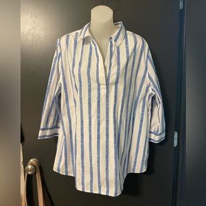Chico's Size 3 Nautical Blue and White Striped Button Down Shirt